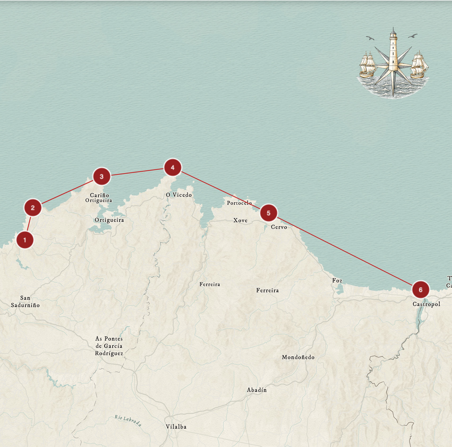 Mapa de Cabo Ortegal y A Mariña Lucense con localización de faros del norte de Galicia dentro del proyecto Luz en el Fin del Mundo.