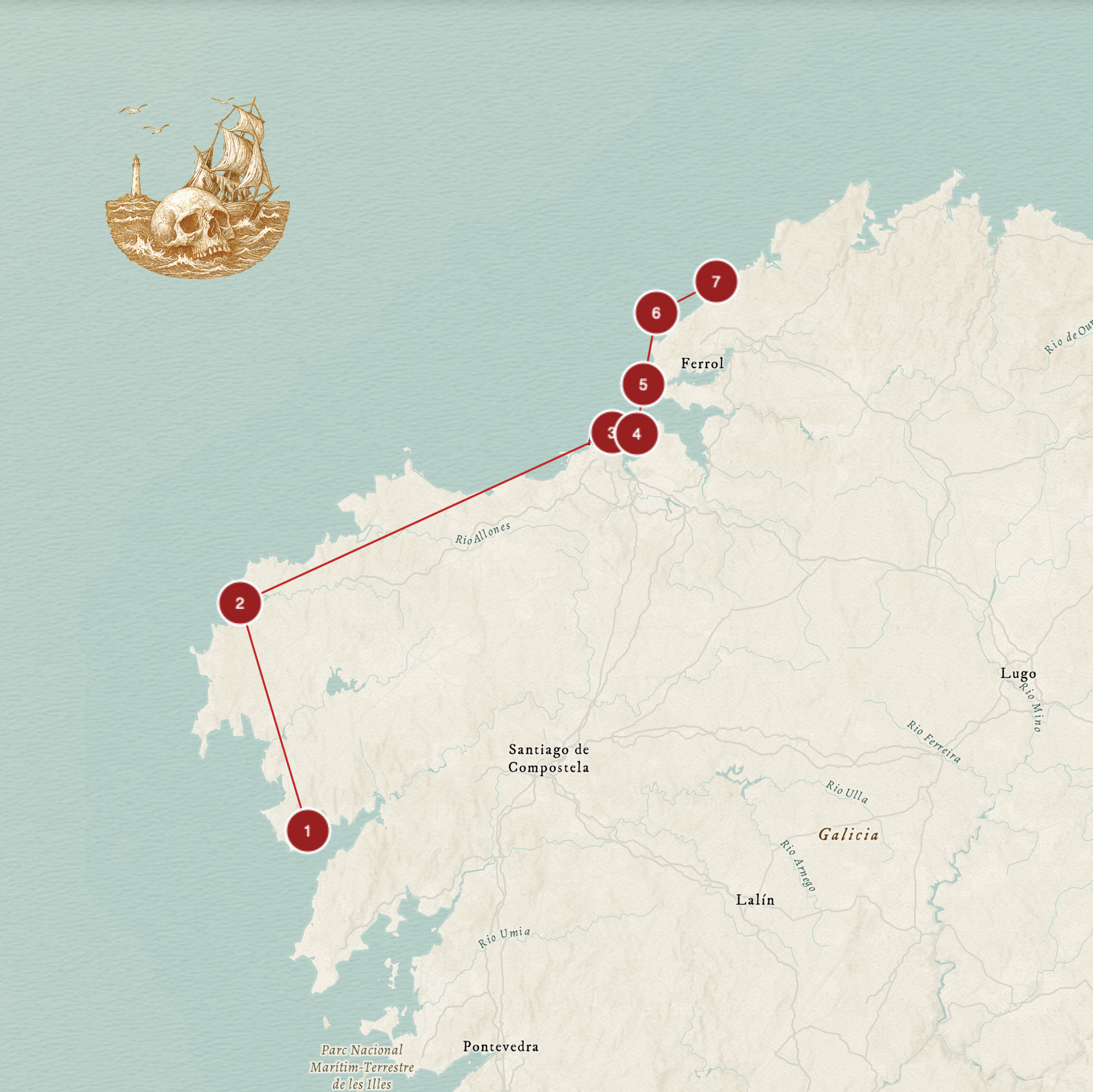 Mapa del Golfo Ártabro en Galicia con la ubicación de faros y recorrido territorial del proyecto Luz en el Fin del Mundo.