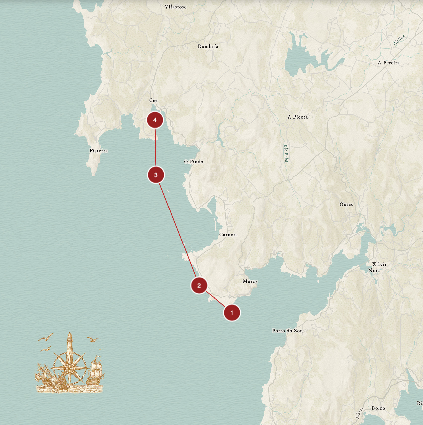 Mapa de la Costa da Morte Sur con localización de faros y recorrido fotográfico del proyecto Luz en el Fin del Mundo en Galicia.