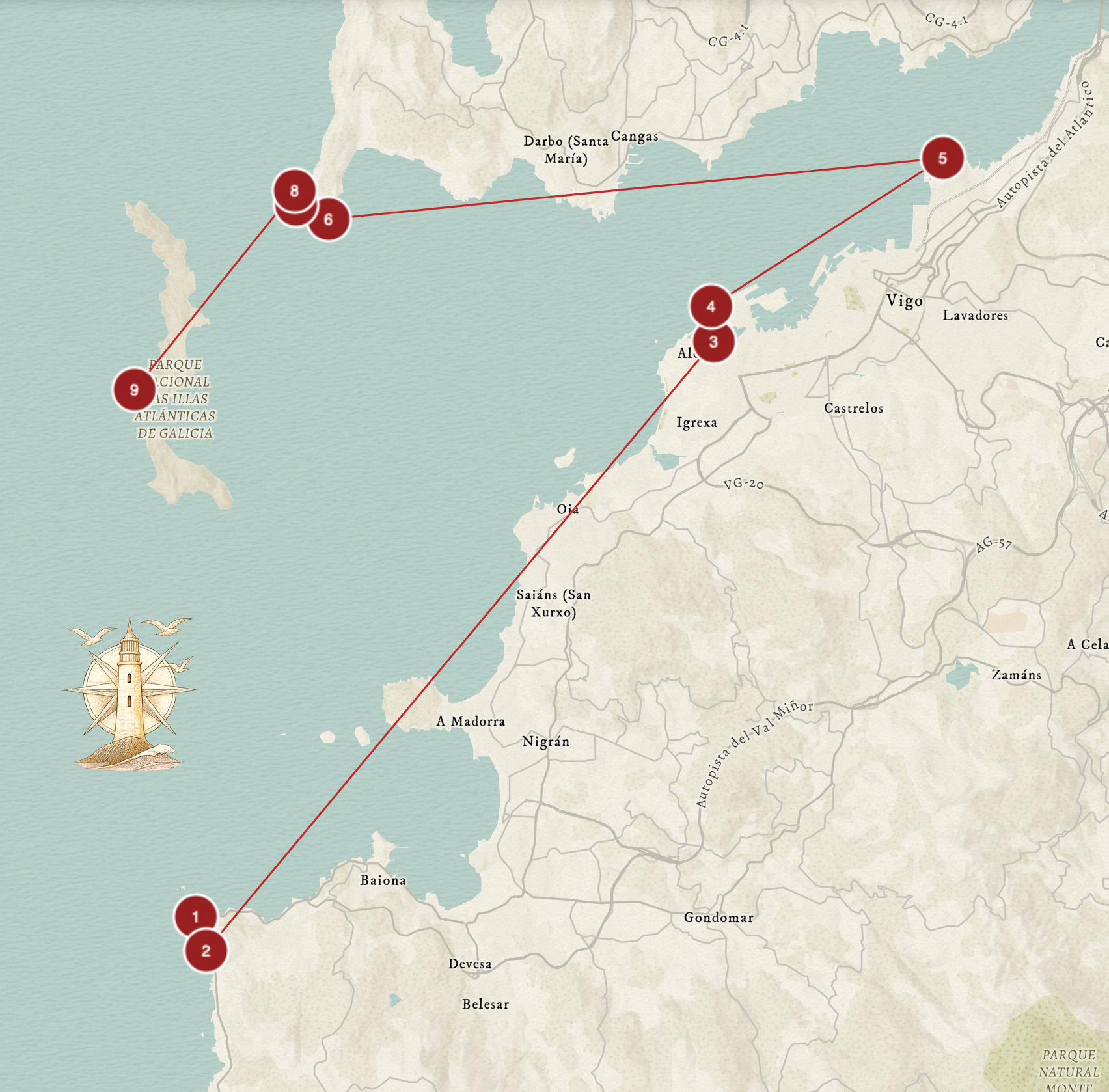 Mapa de la ruta de faros Rías Baixas Sur en Galicia con localización de los principales faros del litoral sur gallego dentro del proyecto Luz en el Fin del Mundo.
