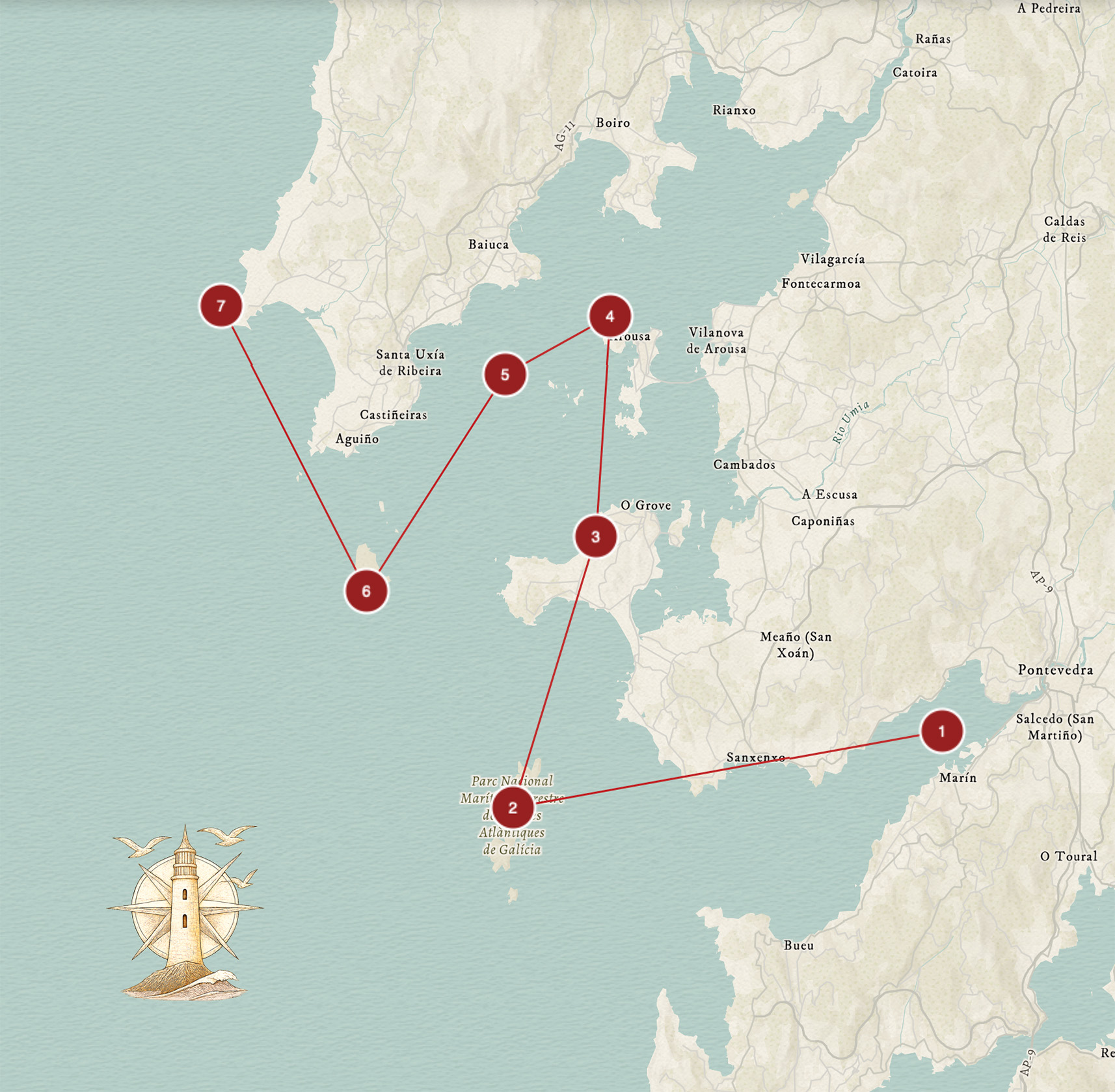 Mapa de la ruta de faros Rías Baixas Central en Galicia mostrando la ubicación de faros y enclaves costeros del proyecto Luz en el Fin del Mundo.
